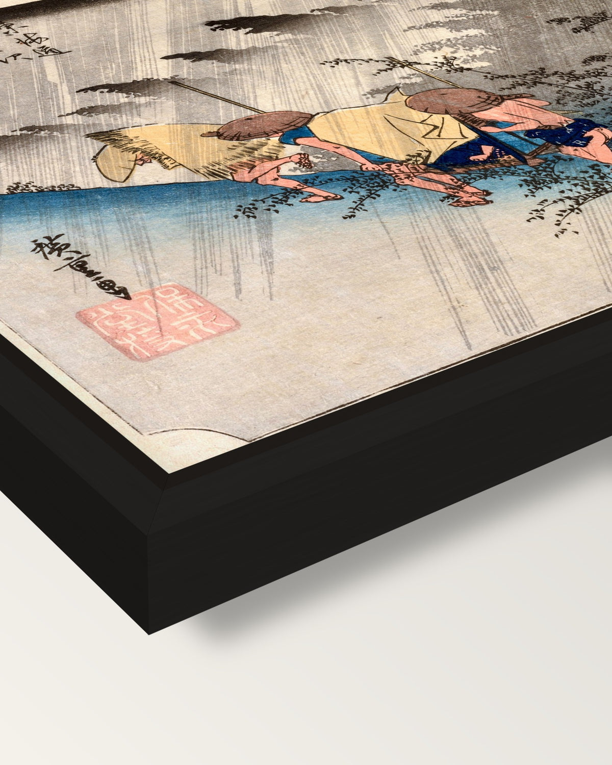 Driving Rain at Shōno by Hiroshige framed canvas, corner close-up: a black floating frame with a shadow gap round the canvas
