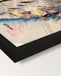Driving Rain at Shōno by Hiroshige framed canvas, corner close-up: a black floating frame with a shadow gap round the canvas