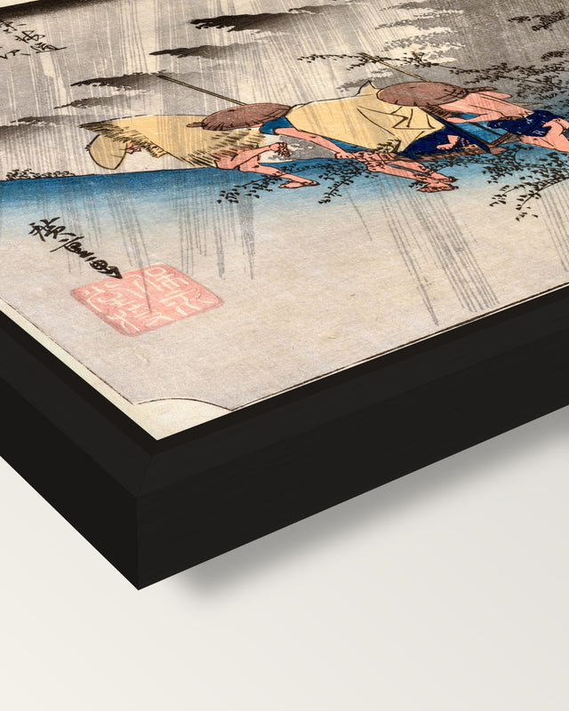 Driving Rain at Shōno by Hiroshige framed canvas, corner close-up: a black floating frame with a shadow gap round the canvas