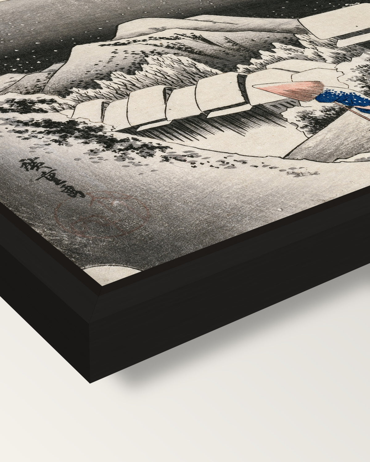 Evening Snow at Kambara framed canvas, corner close-up: a black floating frame with a shadow gap round the canvas