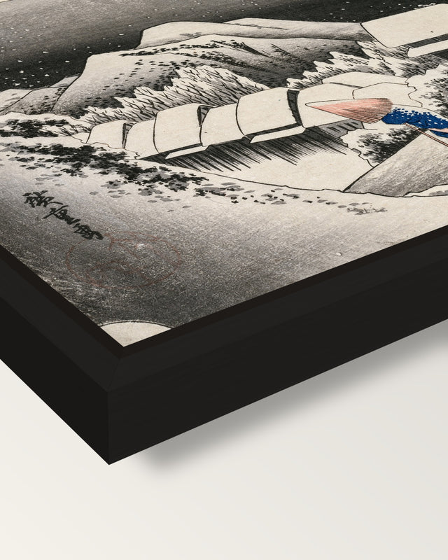 Evening Snow at Kambara framed canvas, corner close-up: a black floating frame with a shadow gap round the canvas