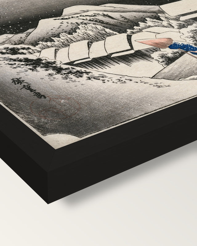 Evening Snow at Kambara by Hiroshige framed print, corner close-up: black moulding, mitred, the print set just below its edge