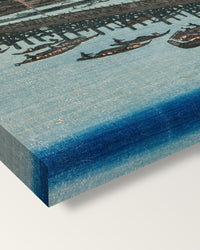 Fireworks at Ryōgoku by Utagawa Hiroshige on stretched canvas, corner close-up: the painting mirror-wrapped round the sides
