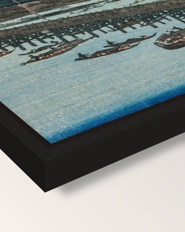 Fireworks at Ryōgoku by Hiroshige framed canvas, corner close-up: a black floating frame with a shadow gap round the canvas