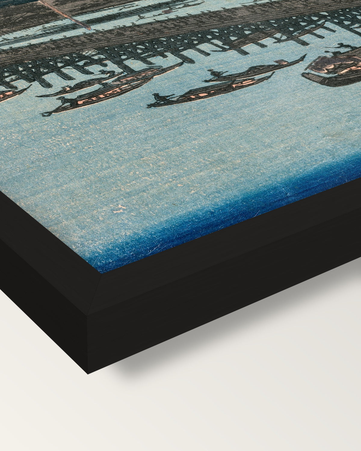 Fireworks at Ryōgoku by Hiroshige framed print, corner close-up: black moulding, mitred, the print set just below its edge