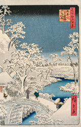 Meguro Drum Bridge and Sunset Hill by Hiroshige: people with umbrellas crossing an arched stone bridge in falling snow