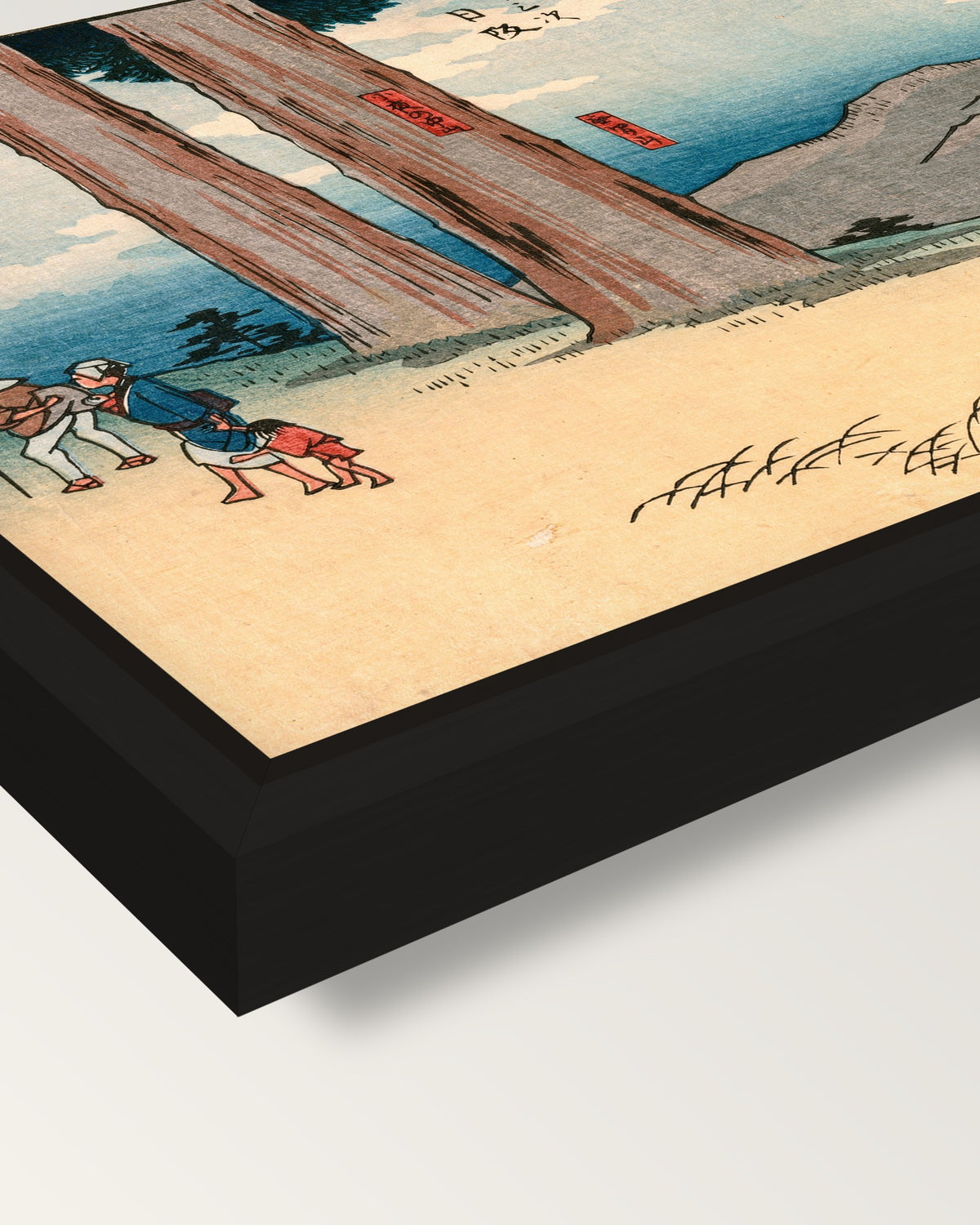 Night-Weeping Stone by Hiroshige framed canvas, corner close-up: a black floating frame with a shadow gap round the canvas