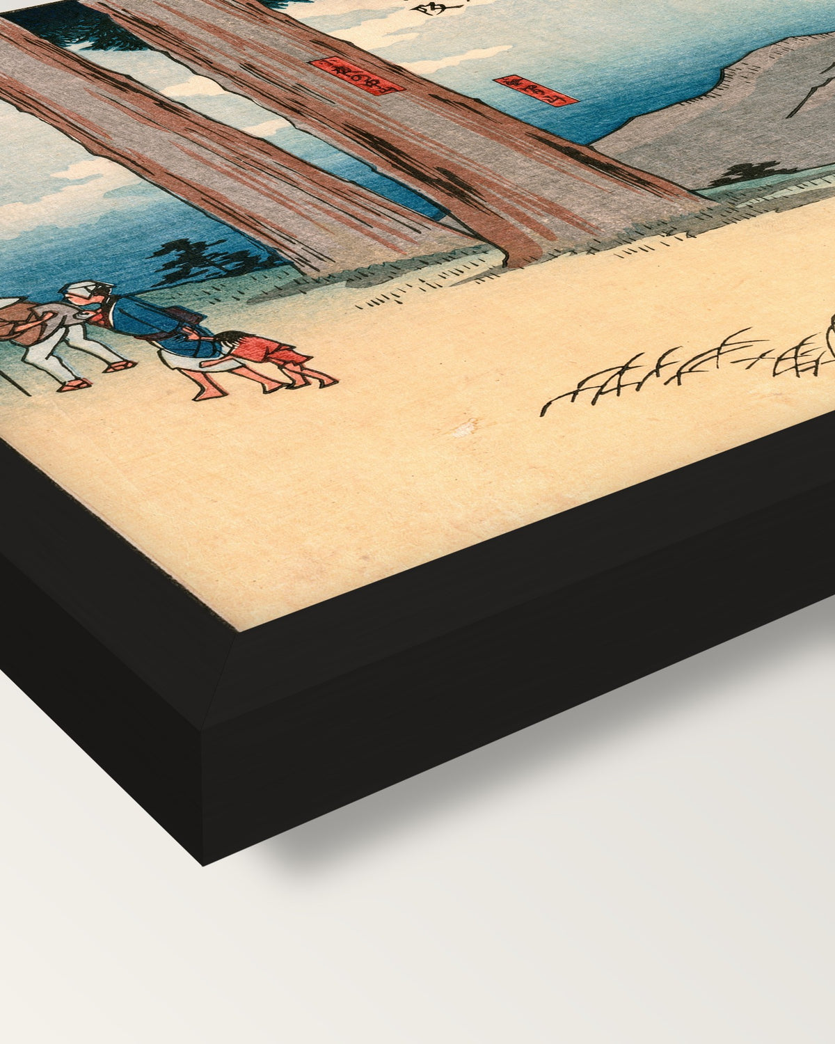 Night-Weeping Stone by Hiroshige framed print, corner close-up: black moulding, mitred, the print set just below its edge