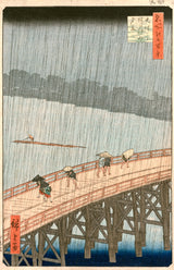 Sudden Shower over Shin-Ōhashi Bridge by Hiroshige: figures under umbrellas hurrying across a wooden bridge in heavy rain