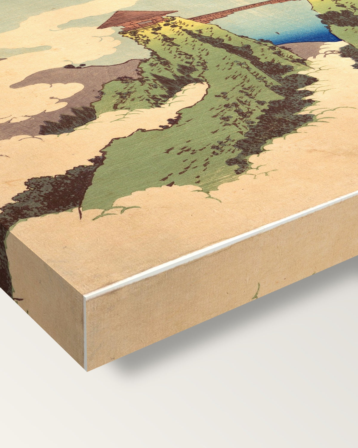 The Hanging-Cloud Bridge by Hokusai on stretched canvas, corner close-up: the painting mirror-wrapped round the sides