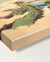 The Hanging-Cloud Bridge by Hokusai on stretched canvas, corner close-up: the painting mirror-wrapped round the sides