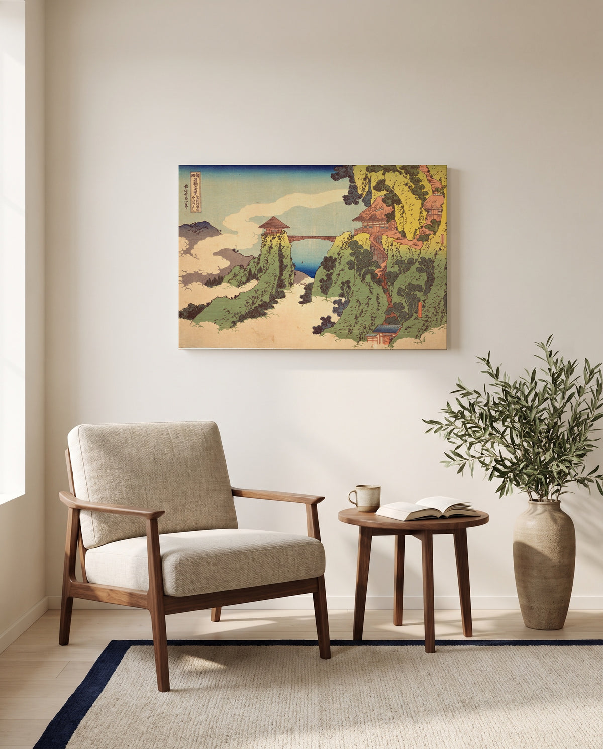 The Hanging-Cloud Bridge by Katsushika Hokusai as a stretched canvas above a linen lounge chair in a reading corner