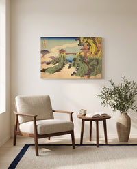 The Hanging-Cloud Bridge by Katsushika Hokusai as a stretched canvas above a linen lounge chair in a reading corner