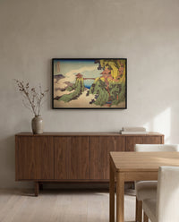 The Hanging-Cloud Bridge by Katsushika Hokusai in a black frame above a walnut sideboard in a dining room