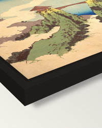 The Hanging-Cloud Bridge by Hokusai framed canvas, corner close-up: a black floating frame with a shadow gap round the canvas
