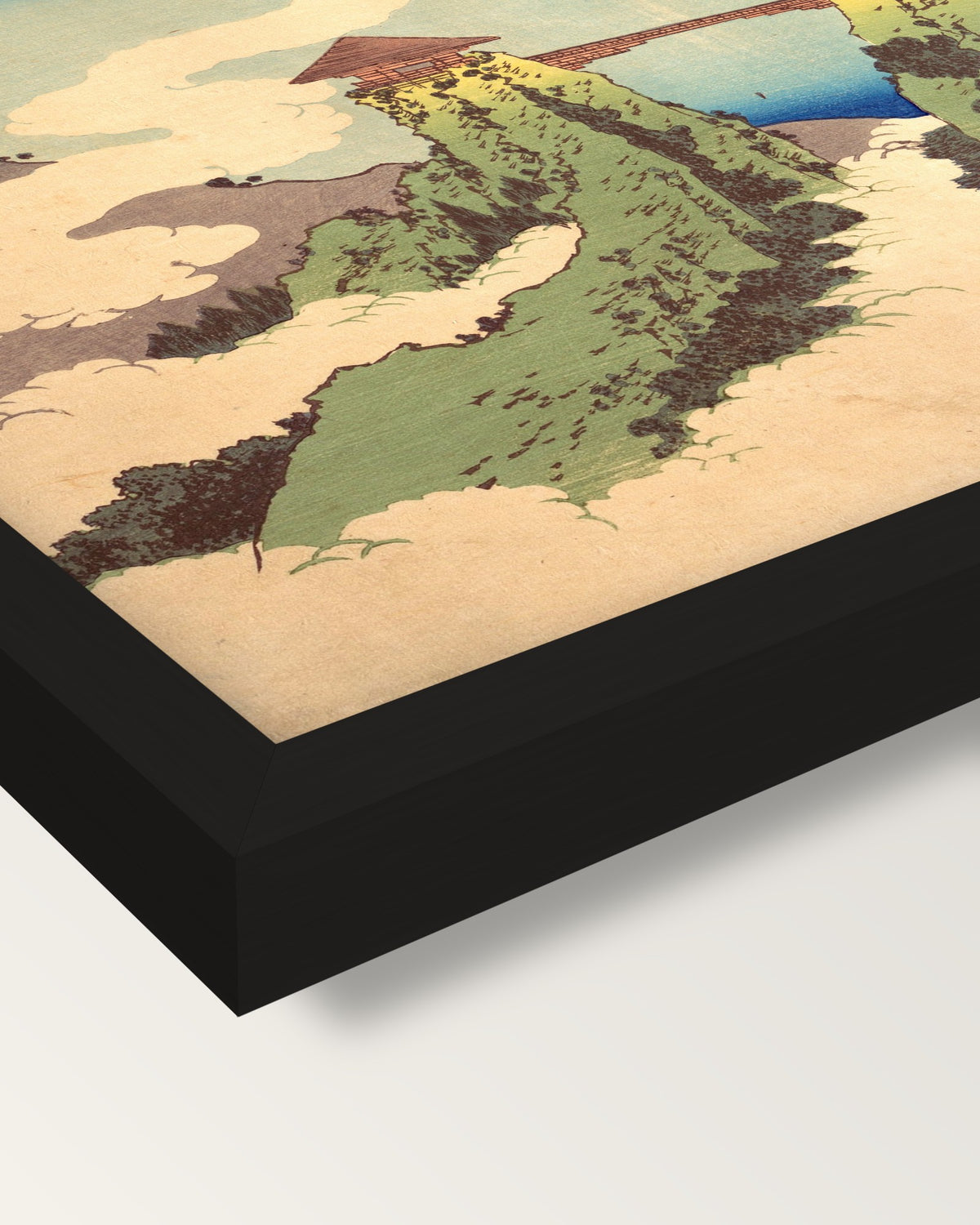 The Hanging-Cloud Bridge by Hokusai framed print, corner close-up: black moulding, mitred, the print set just below its edge