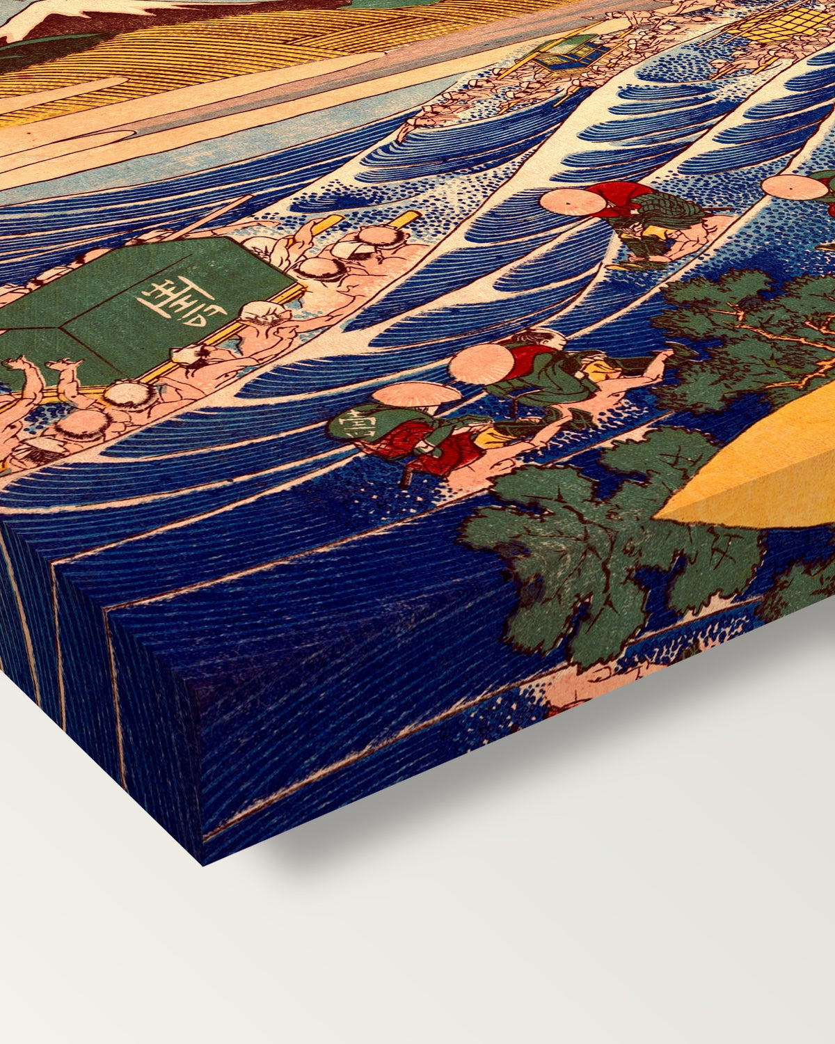Fuji from Kanaya on the Tōkaidō by Hokusai on stretched canvas, corner close-up: the painting mirror-wrapped round the sides