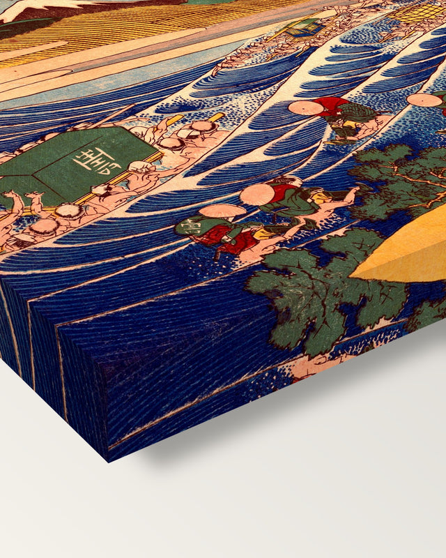 Fuji from Kanaya on the Tōkaidō by Hokusai on stretched canvas, corner close-up: the painting mirror-wrapped round the sides