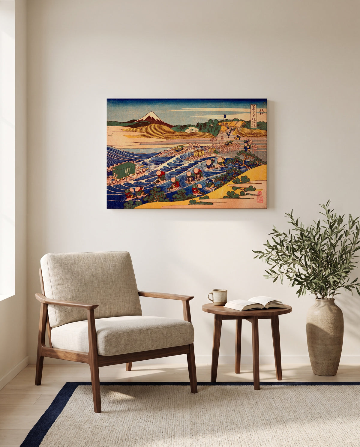 Fuji from Kanaya on the Tōkaidō by Katsushika Hokusai as a stretched canvas above a linen lounge chair in a reading corner