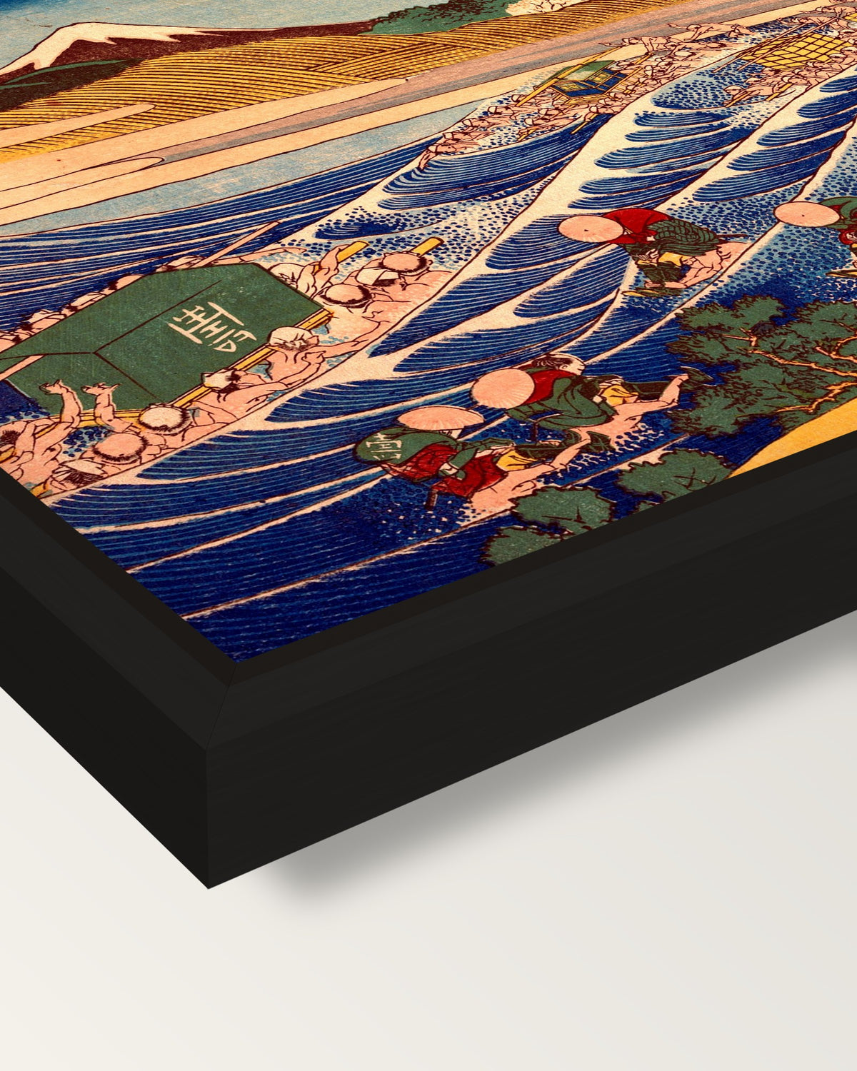 Fuji from Kanaya on the Tōkaidō framed canvas, corner close-up: a black floating frame with a shadow gap round the canvas