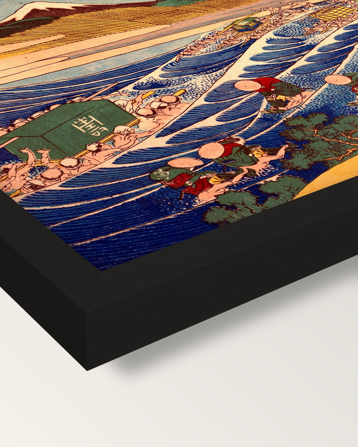 Fuji from Kanaya on the Tōkaidō framed print, corner close-up: black moulding, mitred, the print set just below its edge