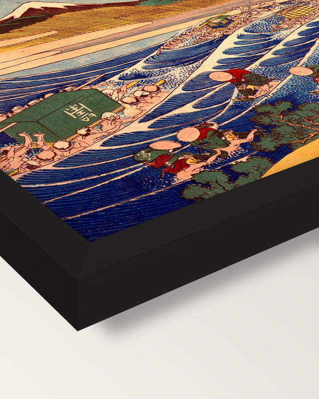 Fuji from Kanaya on the Tōkaidō framed print, corner close-up: black moulding, mitred, the print set just below its edge
