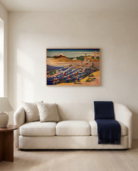 Fuji from Kanaya on the Tōkaidō by Katsushika Hokusai framed in natural oak above a cream sofa in a warm living room