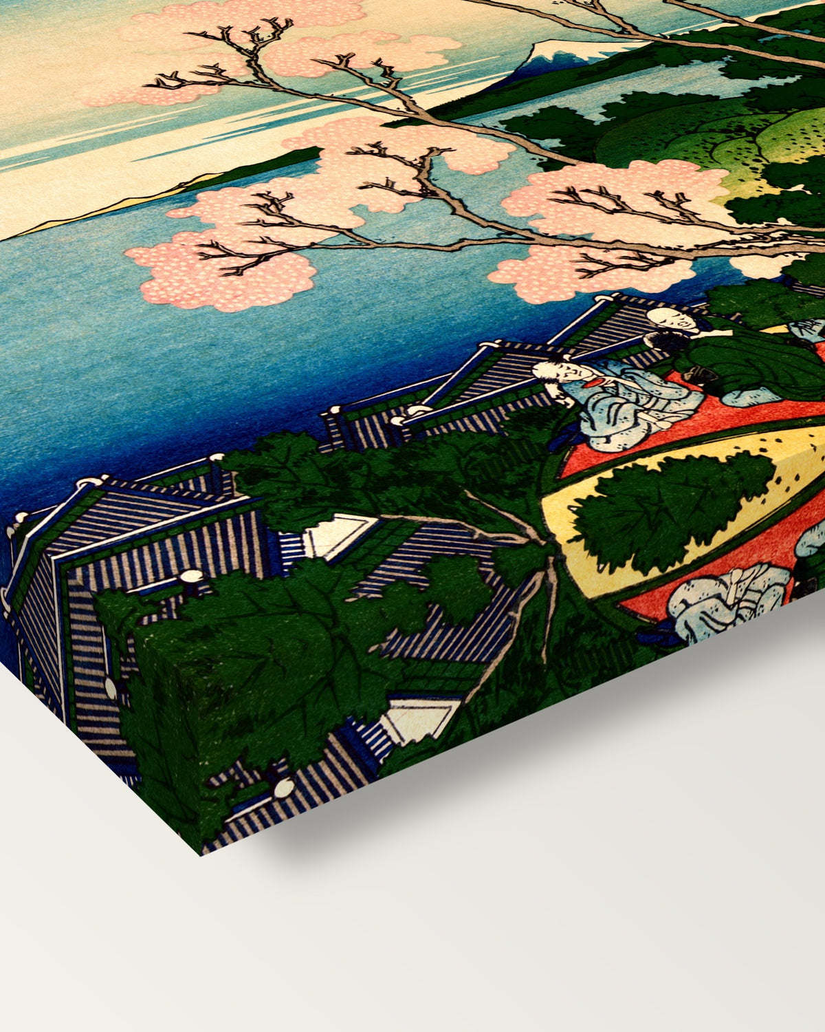 Goten Hill at Shinagawa by Hokusai on stretched canvas, corner close-up: the painting mirror-wrapped round the sides