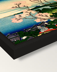 Goten Hill at Shinagawa by Hokusai framed canvas, corner close-up: a black floating frame with a shadow gap round the canvas