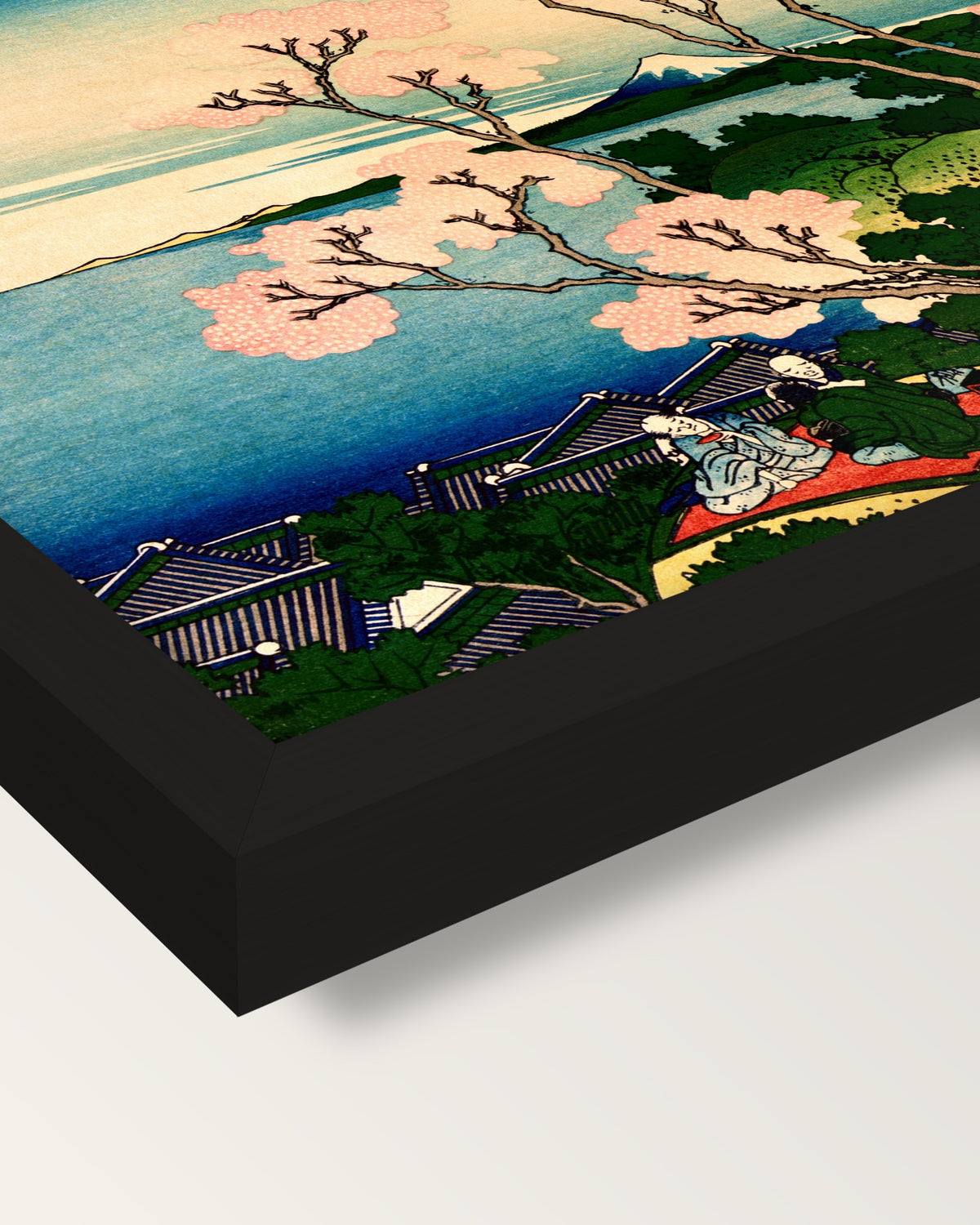 Goten Hill at Shinagawa by Hokusai framed print, corner close-up: black moulding, mitred, the print set just below its edge