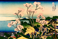 Goten Hill at Shinagawa by Hokusai: pink cherry trees on a green hill, people picnicking, a blue bay and small Mount Fuji