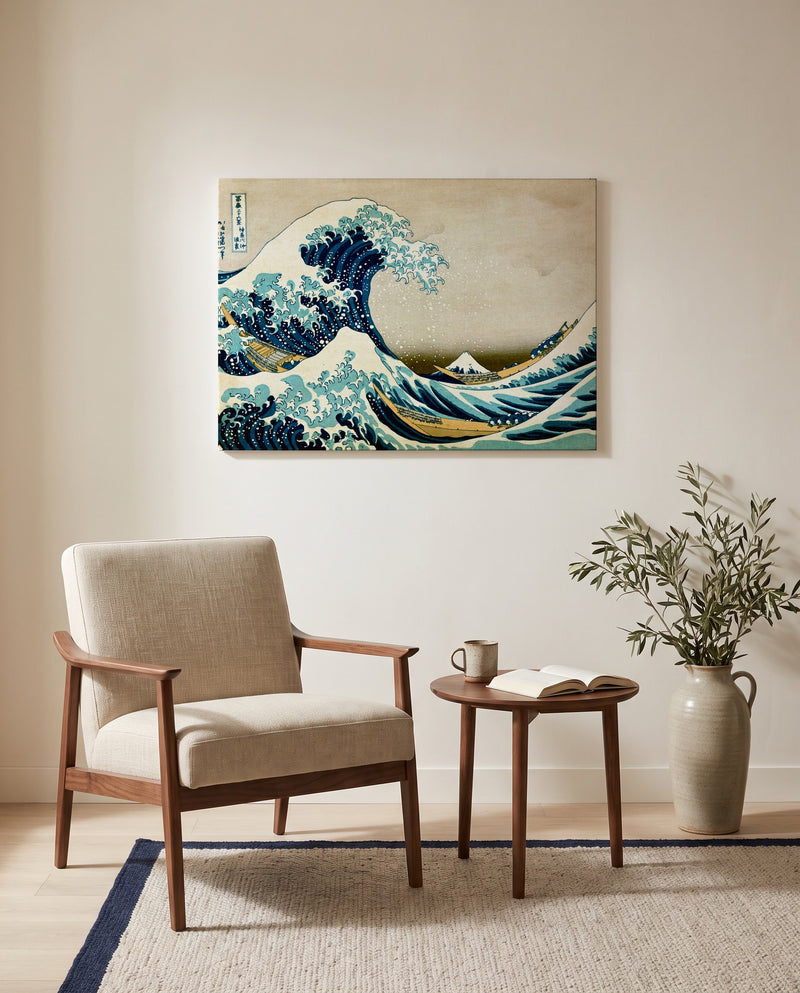 The Great Wave of Kanagawa by Katsushika Hokusai as a stretched canvas above a linen lounge chair in a reading corner