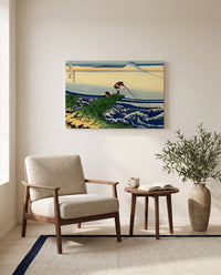 Kajikazawa in Kai Province by Katsushika Hokusai as a stretched canvas above a linen lounge chair in a reading corner