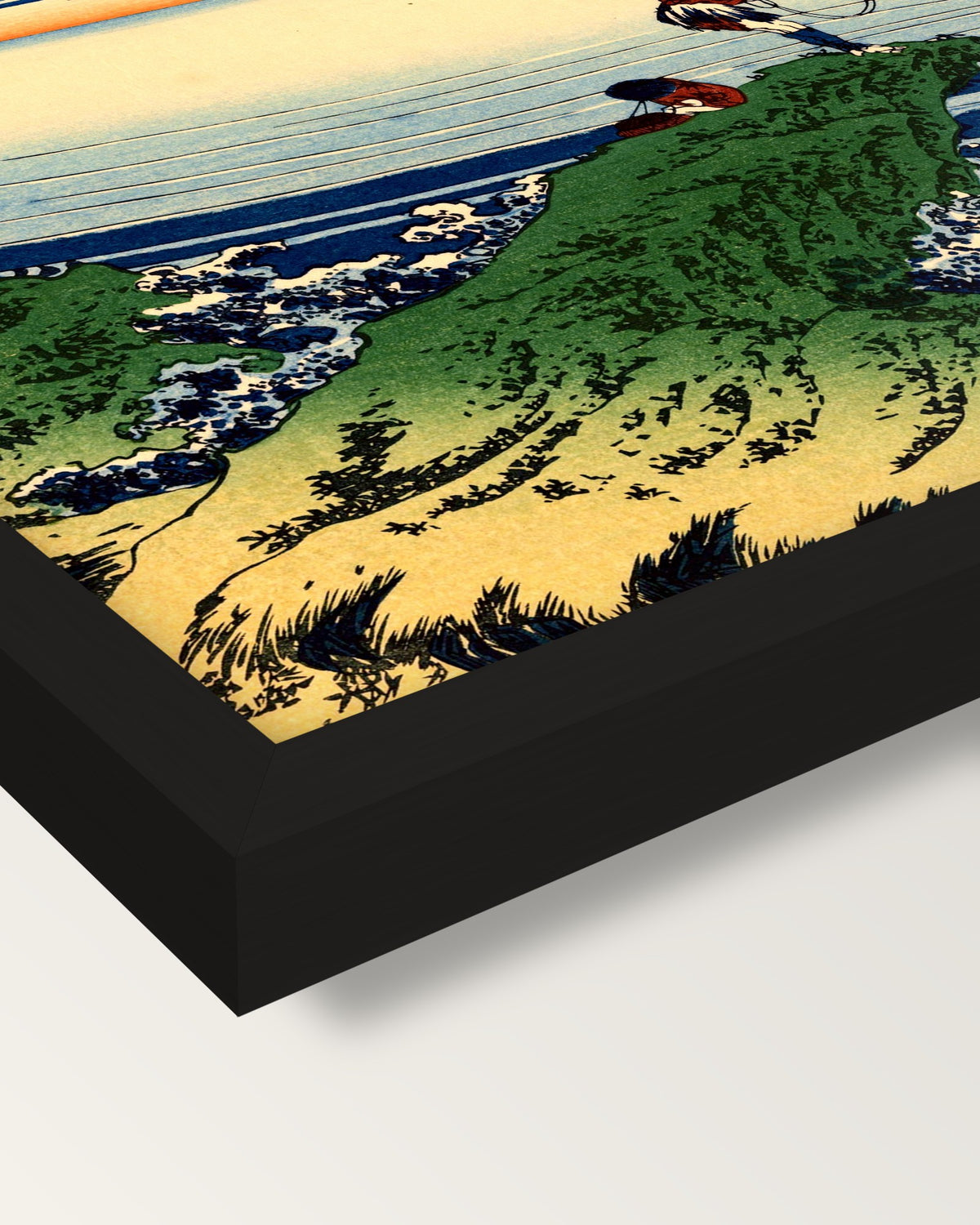 Kajikazawa in Kai Province framed print, corner close-up: black moulding, mitred, the print set just below its edge