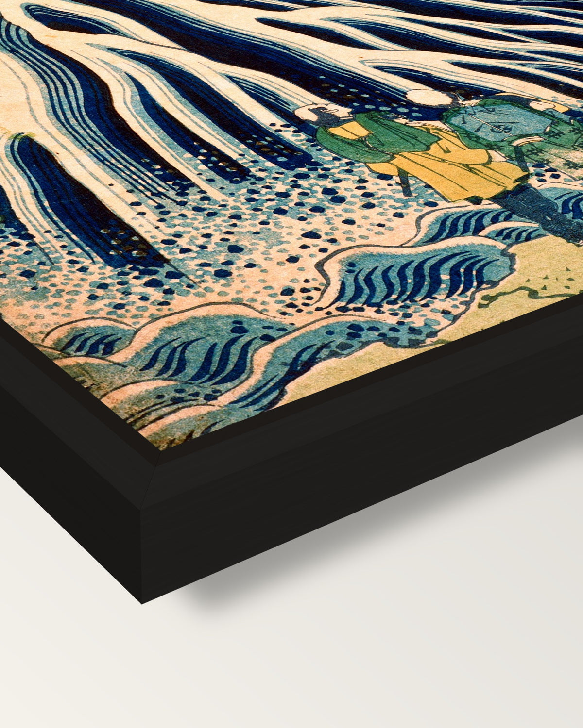 Kirifuri Waterfall by Hokusai framed canvas, corner close-up: a black floating frame with a shadow gap round the canvas