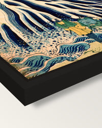Kirifuri Waterfall by Hokusai framed canvas, corner close-up: a black floating frame with a shadow gap round the canvas