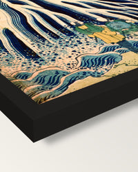 Kirifuri Waterfall by Hokusai framed print, corner close-up: black moulding, mitred, the print set just below its edge