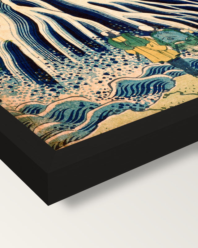 Kirifuri Waterfall by Hokusai framed print, corner close-up: black moulding, mitred, the print set just below its edge