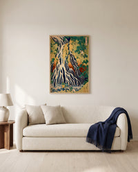 Kirifuri Waterfall by Katsushika Hokusai framed in natural oak above a cream sofa in a warm living room