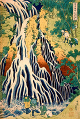 Kirifuri Waterfall by Hokusai: blue and white streams spreading down a rocky cliff, green forest, small pilgrims below