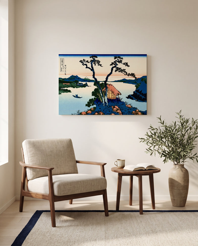 Lake Suwa in Shinano Province by Katsushika Hokusai as a stretched canvas above a linen lounge chair in a reading corner