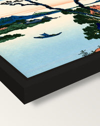 Lake Suwa in Shinano Province framed canvas, corner close-up: a black floating frame with a shadow gap round the canvas