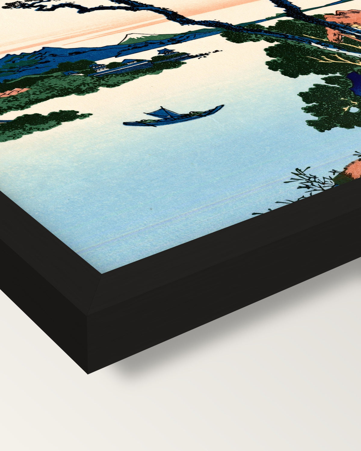 Lake Suwa in Shinano Province framed print, corner close-up: black moulding, mitred, the print set just below its edge