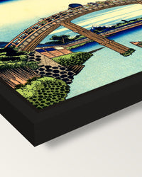 Under Mannen Bridge at Fukagawa framed canvas, corner close-up: a black floating frame with a shadow gap round the canvas