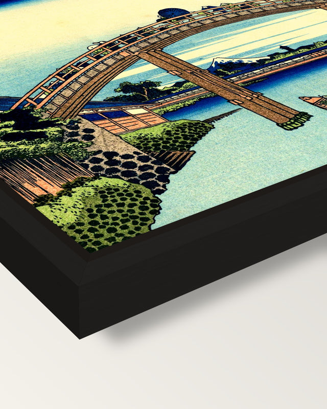 Under Mannen Bridge at Fukagawa framed canvas, corner close-up: a black floating frame with a shadow gap round the canvas