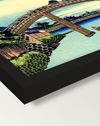 Under Mannen Bridge at Fukagawa framed print, corner close-up: black moulding, mitred, the print set just below its edge