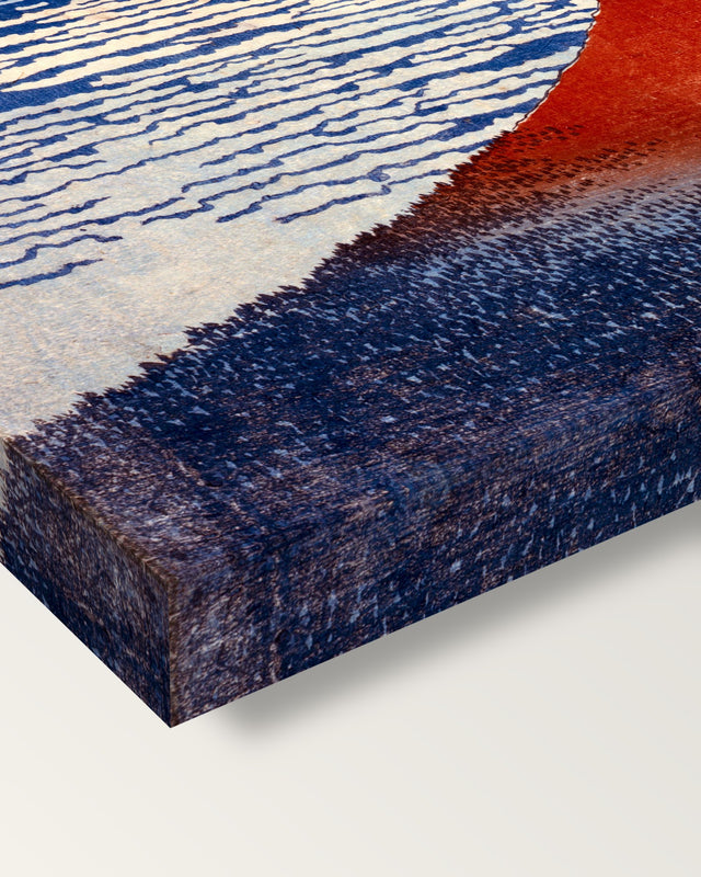 Red Fuji by Katsushika Hokusai on stretched canvas, corner close-up: the painting mirror-wrapped round the sides