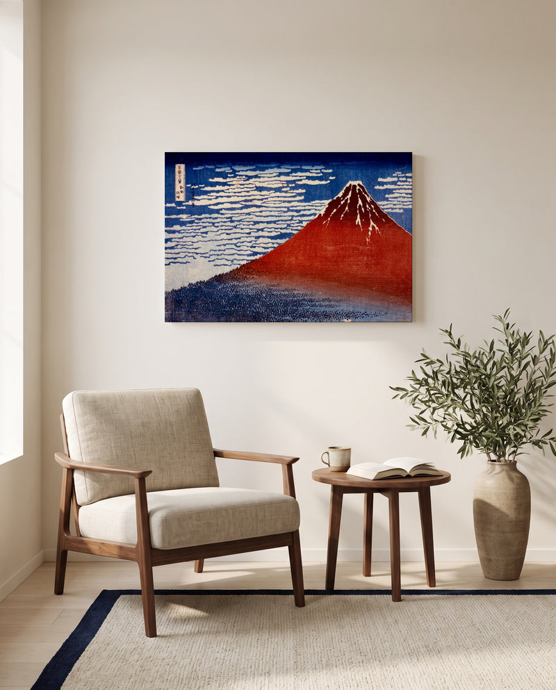 Red Fuji by Katsushika Hokusai as a stretched canvas above a linen lounge chair in a reading corner