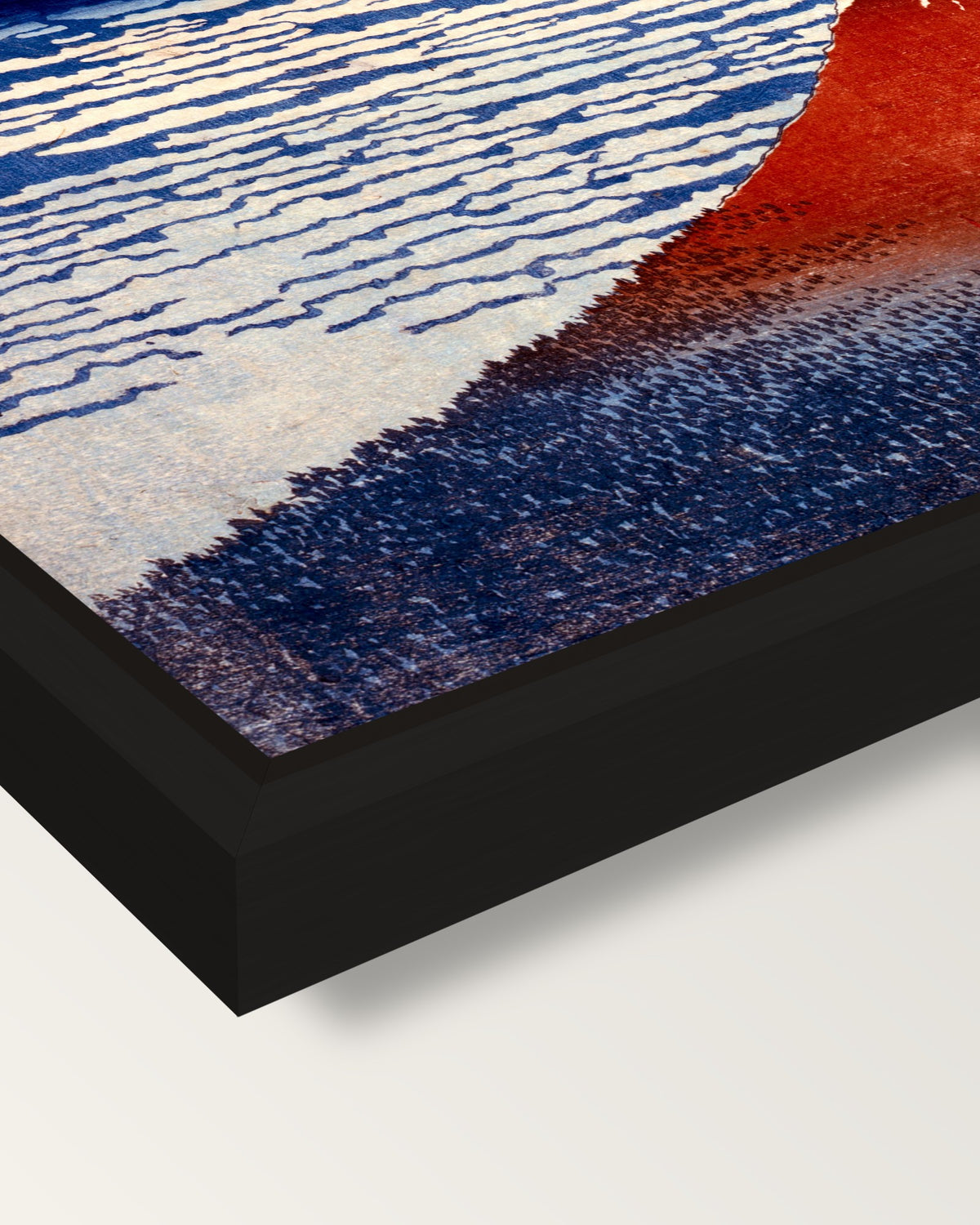 Red Fuji by Katsushika Hokusai framed canvas, corner close-up: a black floating frame with a shadow gap round the canvas