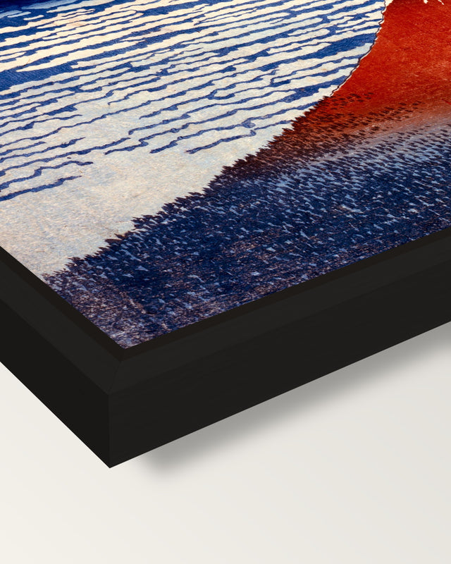 Red Fuji by Katsushika Hokusai framed canvas, corner close-up: a black floating frame with a shadow gap round the canvas